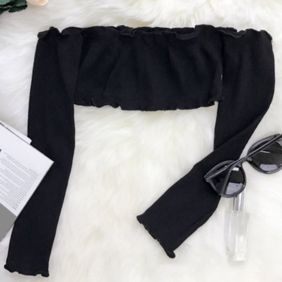 Frilled Off The Shoulder Crop Top - Black - Picture 1 of 3